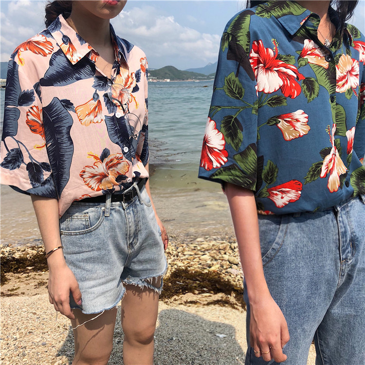 Chic phiên bản Hàn Quốc của áo sơ mi hoa retro nữ mùa hè lỏng lẻo kiểu áo polo in áo sơ mi tay ngắn in áo kiểu Hồng Kông sơ mi dài tay nữ