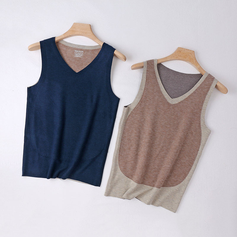 Brethren silk wool warm vest men's no marks V collar youth blouses with velvety thickened patch heating clothes