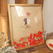 Wedding wood chip Golden love signature roster solid wood photo frame creative red gold sign-in cartoon line rabbit