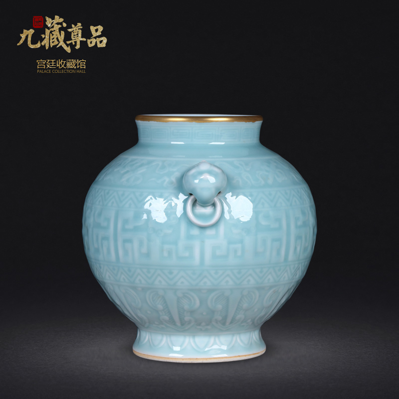 Jingdezhen porcelain antique carved blue glaze trace golden lion ear pot vase furnishing articles to decorate the sitting room of Chinese style arts and crafts