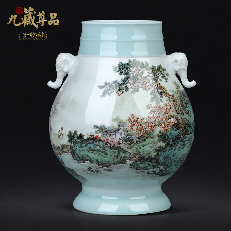 The Master of jingdezhen ceramic celadon hand - made pastel landscape vase Chinese sitting room porch rich ancient frame decorative furnishing articles