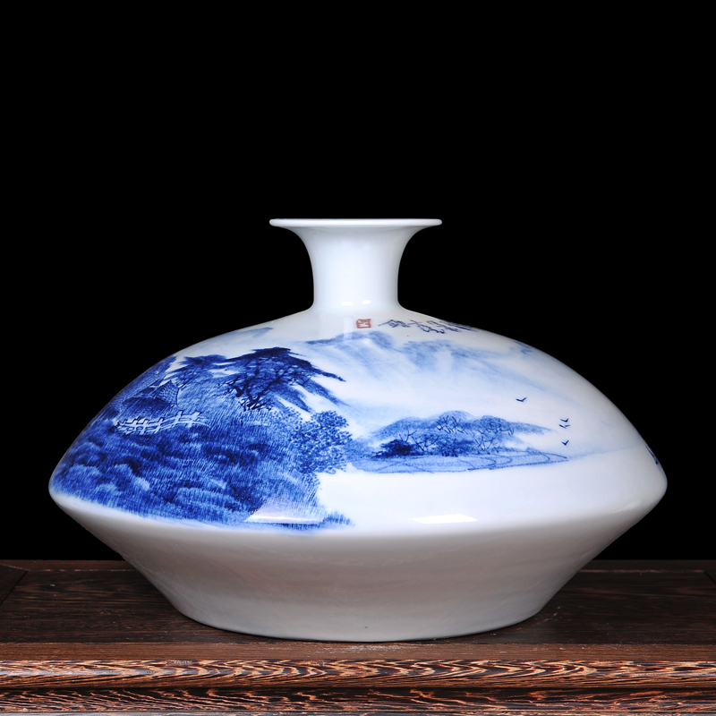 Jingdezhen ceramics famous hand - made scenery flat belly modern blue and white porcelain vase new classical household crafts