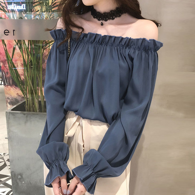 One-shoulder top women's autumn 2021 new chiffon shirt long-sleeved small shirt spring and autumn strapless French ruffled autumn clothes