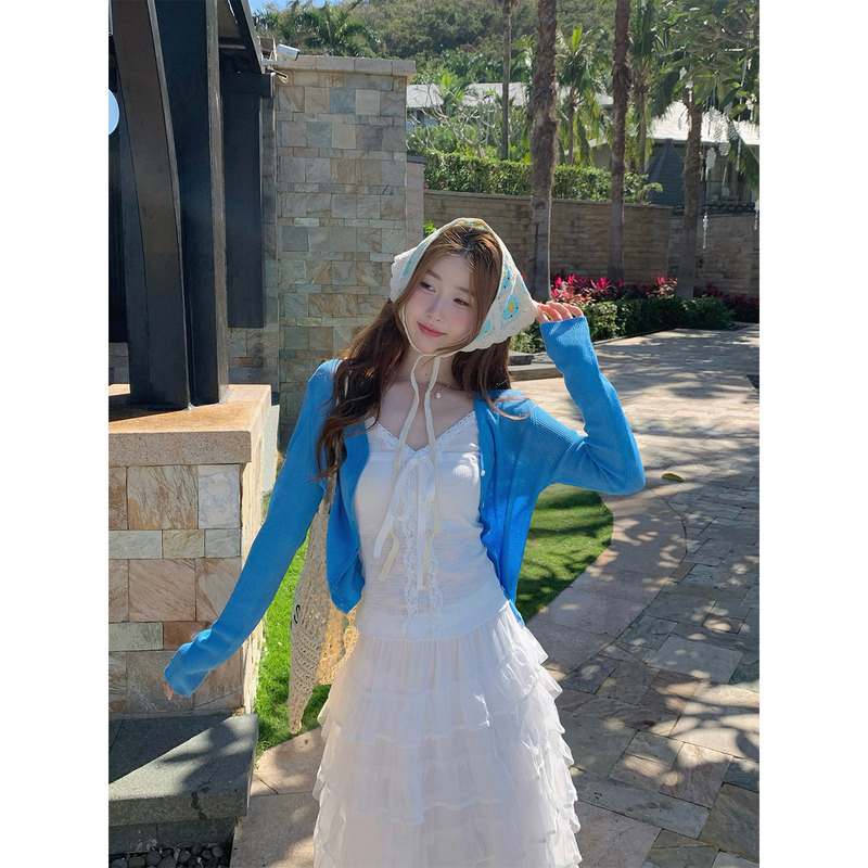 Su Sansan Blue Cardigan 2026 New Spring Thin Outerwear Women's Sun Protection Blouse Klein Blue Top