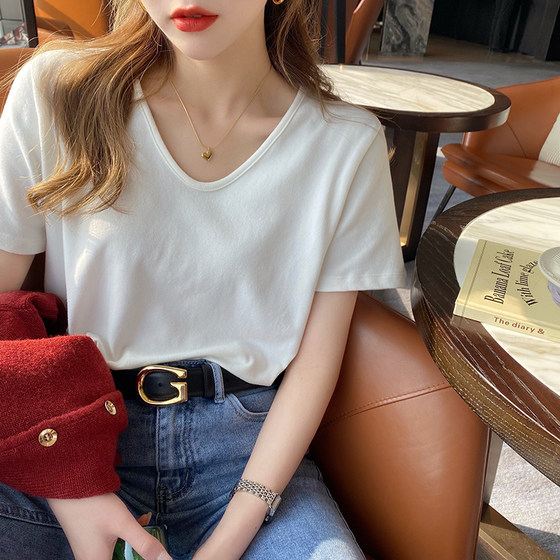 V-neck short-sleeved T-shirt for women in summer 2024 new hot style white u-neck bottoming shirt right shoulder large neckline top