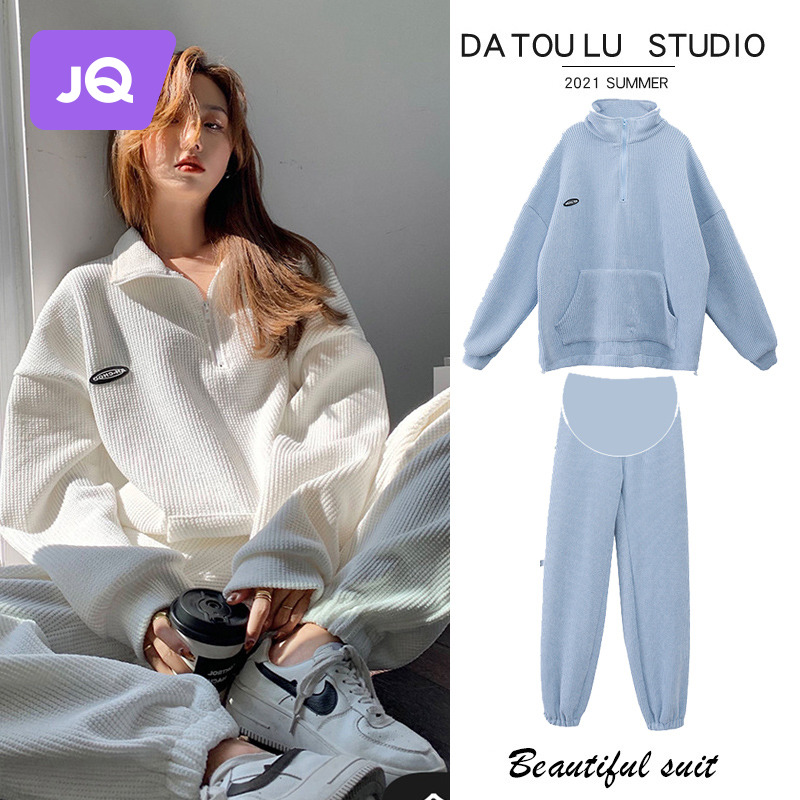 Jingqi pregnant women's suit autumn and winter plus fleece sweater long-sleeved top pregnant women's pants two-piece warm sports winter clothing