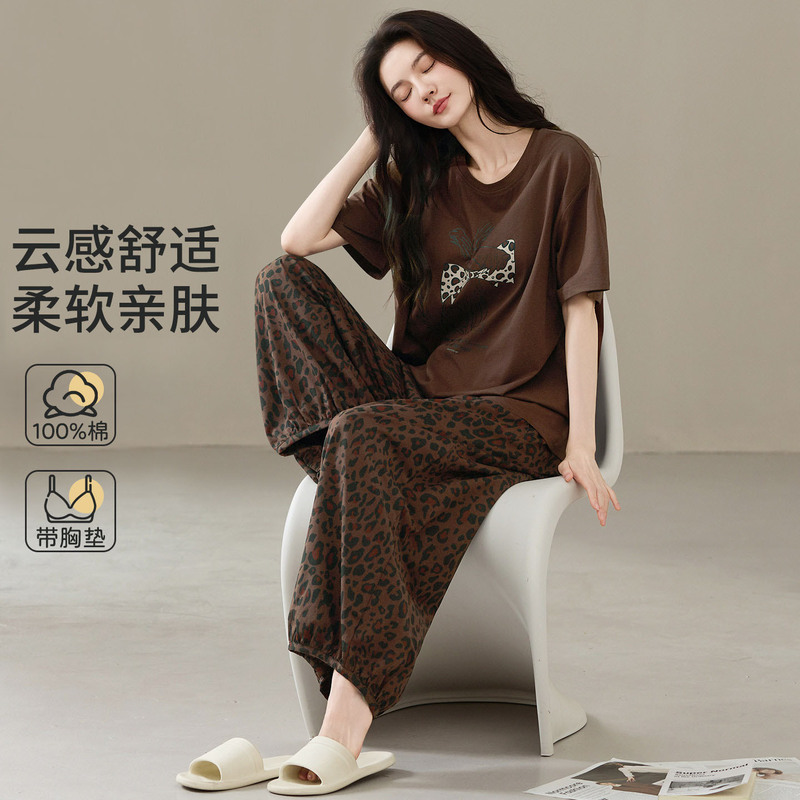 Pure Cotton Pajamas for Women, 2026 New Style, Short-Sleeved, Long Pants with Chest Pads, Casual, Can Be Worn Outside, Women's Loungewear Set