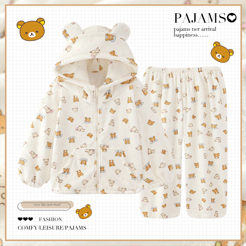 Rilakkuma Women's Winter Coral Fleece Pajamas, Thickened and Warm Flannel Hooded Zip-Up Loungewear for Autumn and Winter