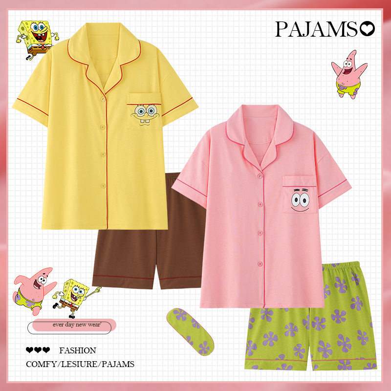 Patrick Star Spongebob Squarepants Couple Pajamas for Women, Summer Pure Cotton Short-Sleeved Thin Cartoon Summer Men's Home Wear Set