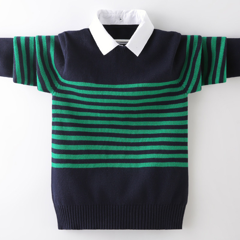 Boys' sweater spring and autumn thin section 2020 foreign style big children's knitted sweater pure cotton bottoming shirt children's striped sweater 12