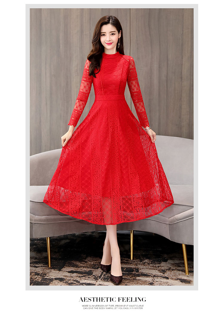 Openwork ren đầm 2019 xuân mới của phụ nữ dài tay đứng cổ áo mỏng giảm béo dài một từ váy đu lớn - A-Line Váy váy xòe hoa nhí