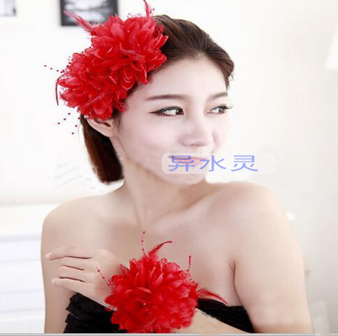 Lông phụ kiện trẻ em trình diễn kẹp tóc cô dâu đám cưới vương miện trang phục phụ kiện tóc phụ nữ neo đầu hoa màu đỏ sợi dây buộc tóc scrunchies