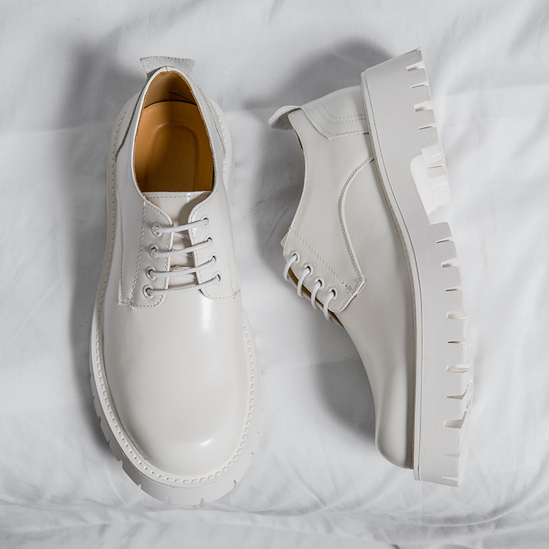 Photo Studio Photography Men's White Leather Shoes Versatile All-White Large-Toe Shoes Thick-Soled Height-Increasing Korean Style Formal Business Men's Shoes