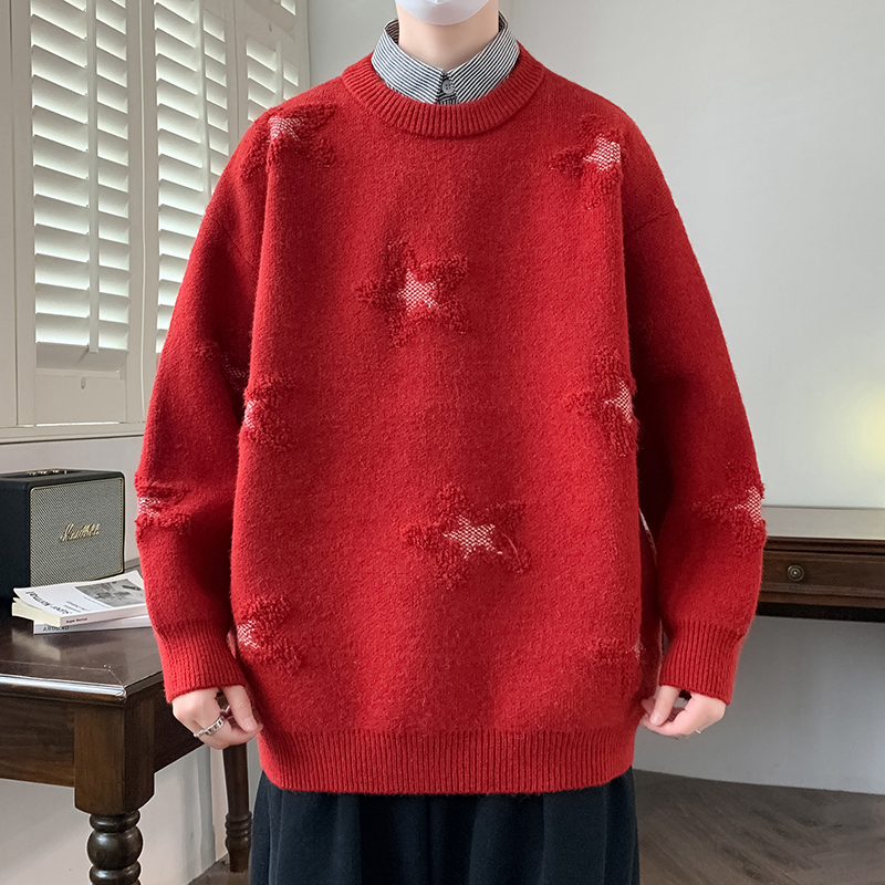 Autumn and Winter Shirt Collar Men's Knitwear High-Quality Fake Two-Piece Red Star Jacquard Loose Knit Warm Sweater Autumn and Winter Shirt Collar Men's Knitwear High-Quality Fake Two-Piece Red Star Jacquard Loose Knit Warm Sweater