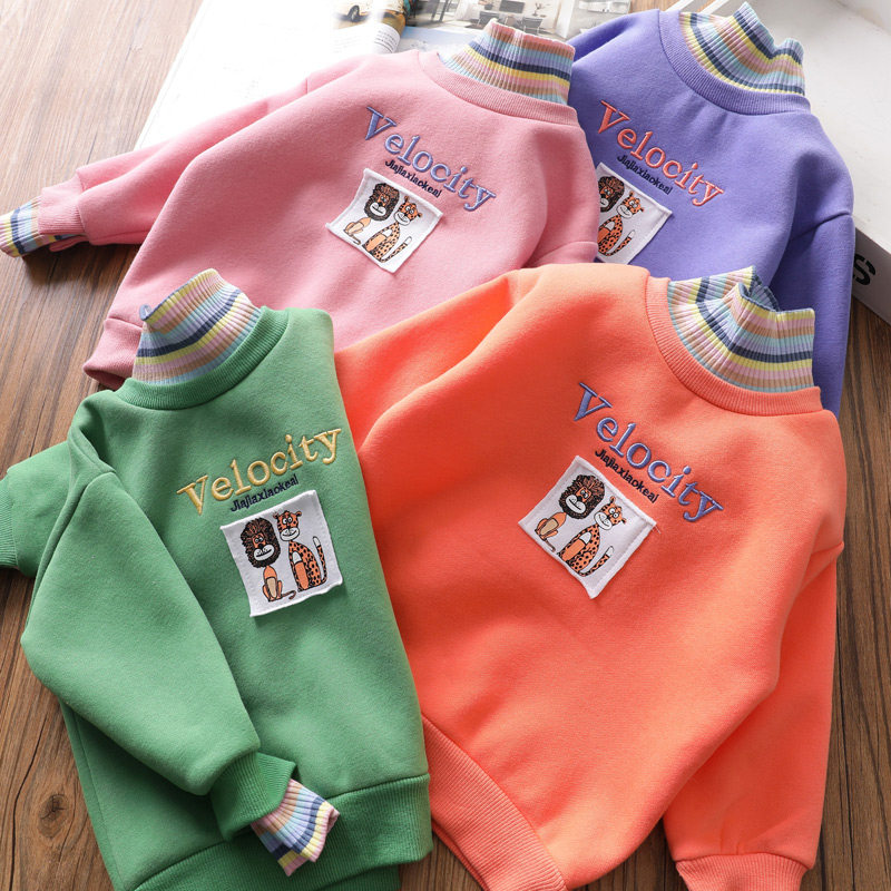 Girls brushed thick cotton T autumn and Winter Korean version of the baby Ocean color strip cartoon pure cotton semi-high collar pullover tide