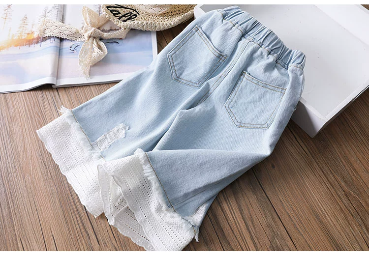 Big love ren mềm denim cô gái quần ống rộng mùa hè mới cho bé crop quần chín quần jeans - Quần jean