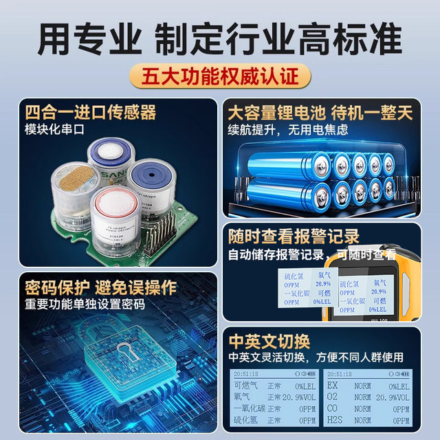 Portable Oxygen and Explosion Detection Instrument, Gas Detector for Ship Cabins, Four-In-One Limited Space Concentration Detection Alarm