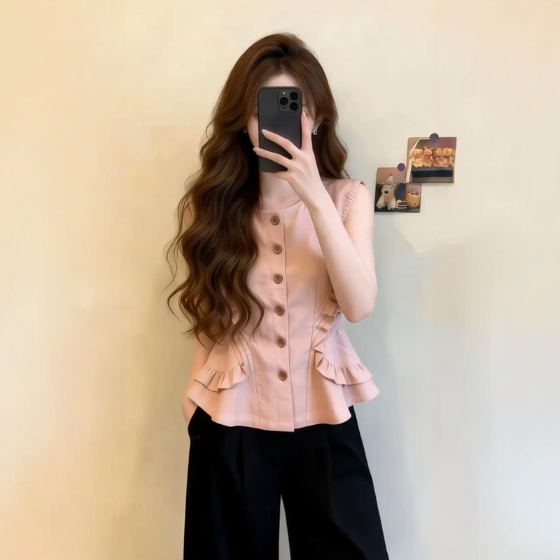 Commuter Style Pink Sleeveless Vest Top Women's Summer New French Niche Round Neck Single-Breasted Pleated Shirt