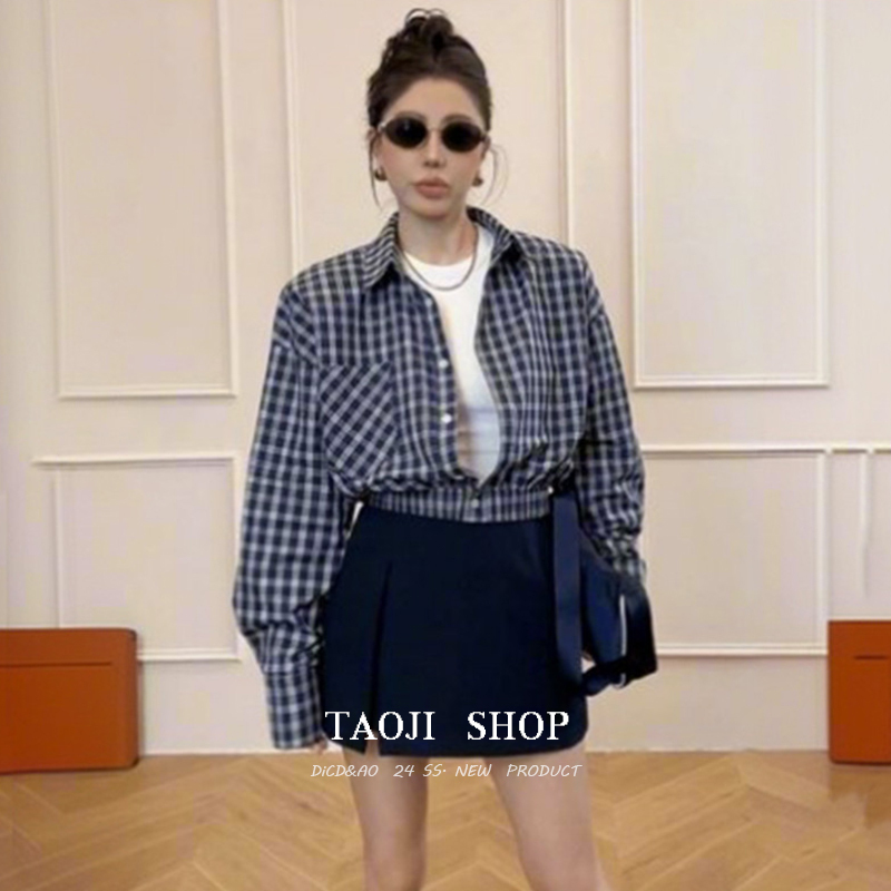 Korean Style Plaid Shirt Jacket for Women 2026 Spring New Loose Casual Shirt Short Long-Sleeved Top