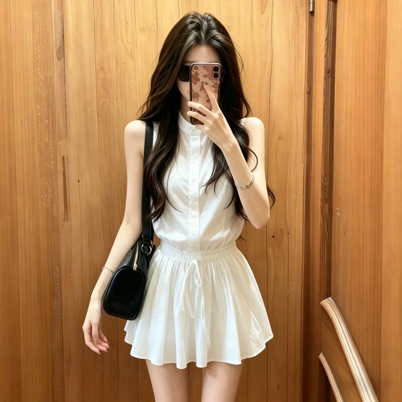 French Gentle Style White Shirt Dress for Women, New Summer Style, Sweet Girly Waist-Cinching Slimming Short Skirt for Petite Figures French Gentle Style White Shirt Dress for Women, New Summer Style, Sweet Girly Waist-Cinching Slimming Short Skirt for Petite Figures