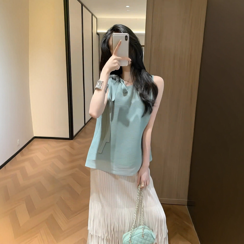 Lazy Style Casual Sleeveless Top High-Waisted Tassel Skirt Suit for Women Summer High-End Stylish Age-Reducing Two-Piece Set