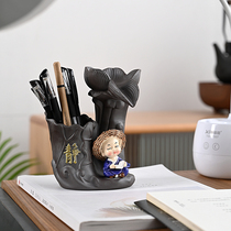 Ceramic pen holder creative fashion cute retro Chinese style student desktop office desk multi-function ornaments
