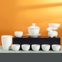 Dehui white porcelain kung fu tea set set household tea art simple goat jade ceramic teapot lid bowl small tea cup