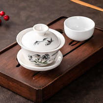 Three Cai Cover bowl with lid tea cup single boutique tea bowl Jingdezhen ceramic tea set large white porcelain