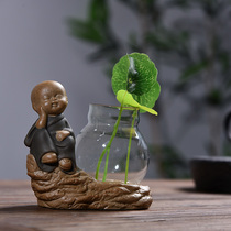 Color sand potted potted small monk flower tea pet home decoration ceramic tea ceremony ornaments Green rose flower