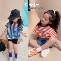 Mai Mai Qiu girls striped short sleeve T-shirt children loose round neck navy blue childrens clothing Korean summer sweat sucking top