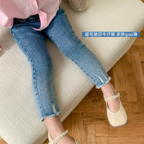 South Korean childrens girls jeans Spring 2022 new childrens stretch-tight pencil pants high-waisted cropped pants