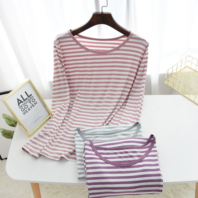 Modal cotton striped pajama tops ບາງໆຂອງແມ່ຍິງດຽວສິ້ນຂະຫນາດໃຫຍ່ທີ່ມີແຂນຍາວ bottoming ເສື້ອ summer, ພາກຮຽນ spring ແລະດູໃບໄມ້ລົ່ນເຄື່ອງນຸ່ງຫົ່ມດູໃບໄມ້ລົ່ນແບບທໍາມະດາ