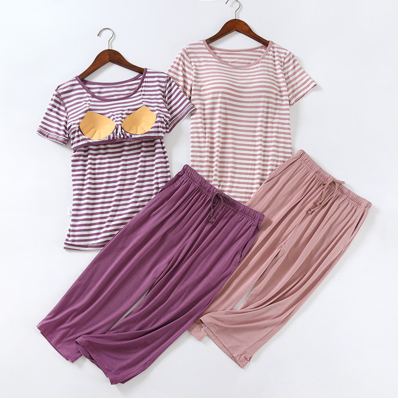 Pajamas women's summer short-sleeved cropped pants two-piece suit modal mid-length pajama pants large size summer thin homewear