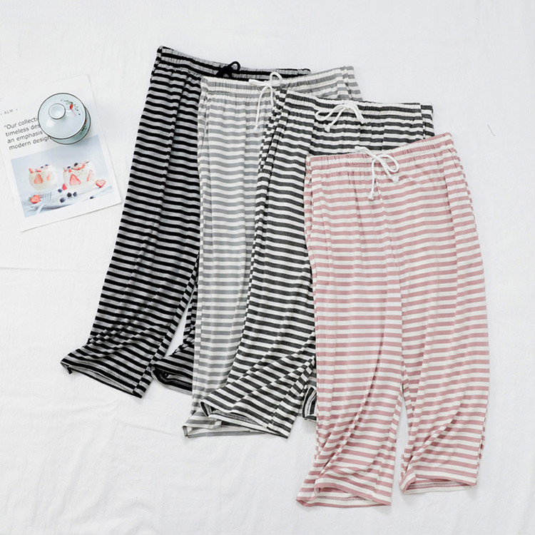 Long version sleeping pants in seven-pants Modale 50% Pants Woman Summer Large Size Loose Striped Shorts Mid-High Waist Home Pants