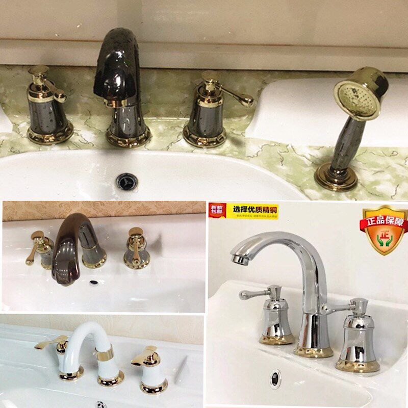 All-copper golden three-hole water European-style four-hole hot and cold washbasin European-style split double-handle faucet antique three-piece set