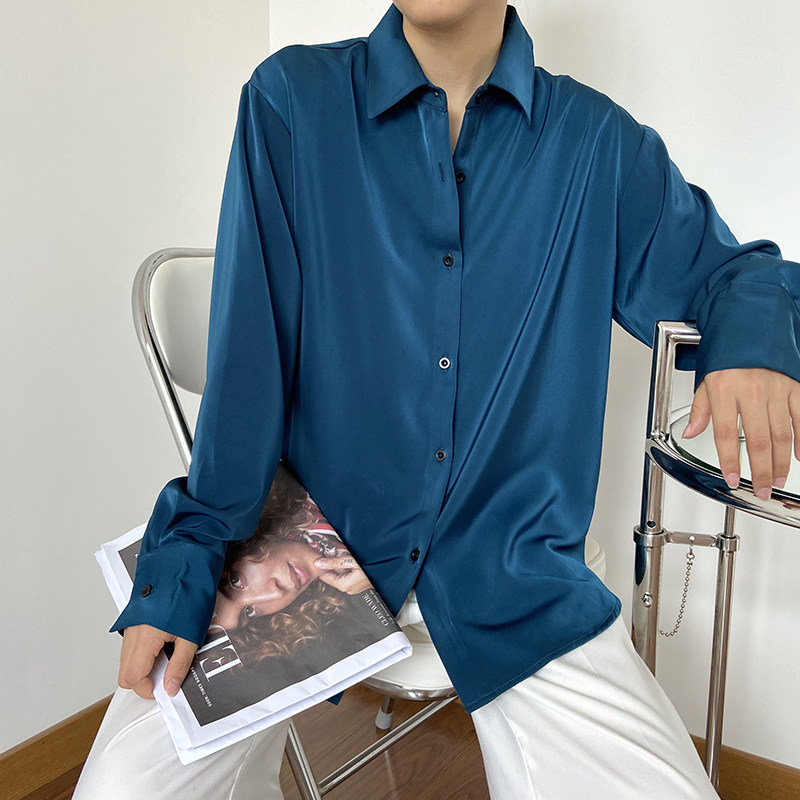 HUILIULIU acetate satin shirt women's outer wear drape long-sleeved shirt design sense niche light mature top spring