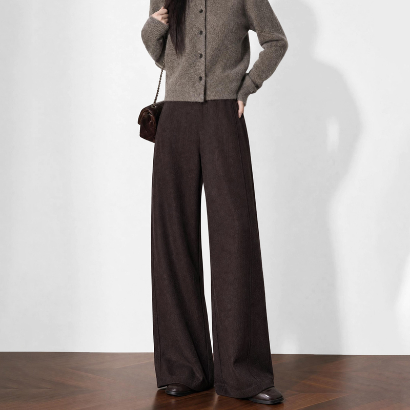 Brown High-Waisted Heavy Soft Denim Wide-Leg Pants for Women, Autumn and Winter 2026, High-Fashion Loose Straight-Leg Pants, Suit-Style Casual Pants
