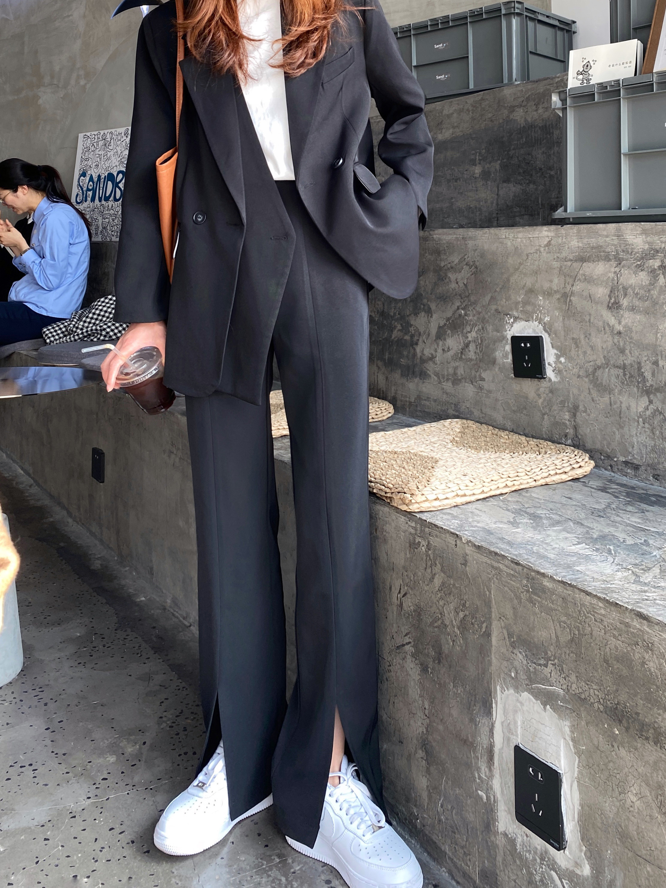 HUILIULIU 黑色西装直筒开叉阔腿裤女春夏高腰垂感显瘦休闲拖地裤详情17