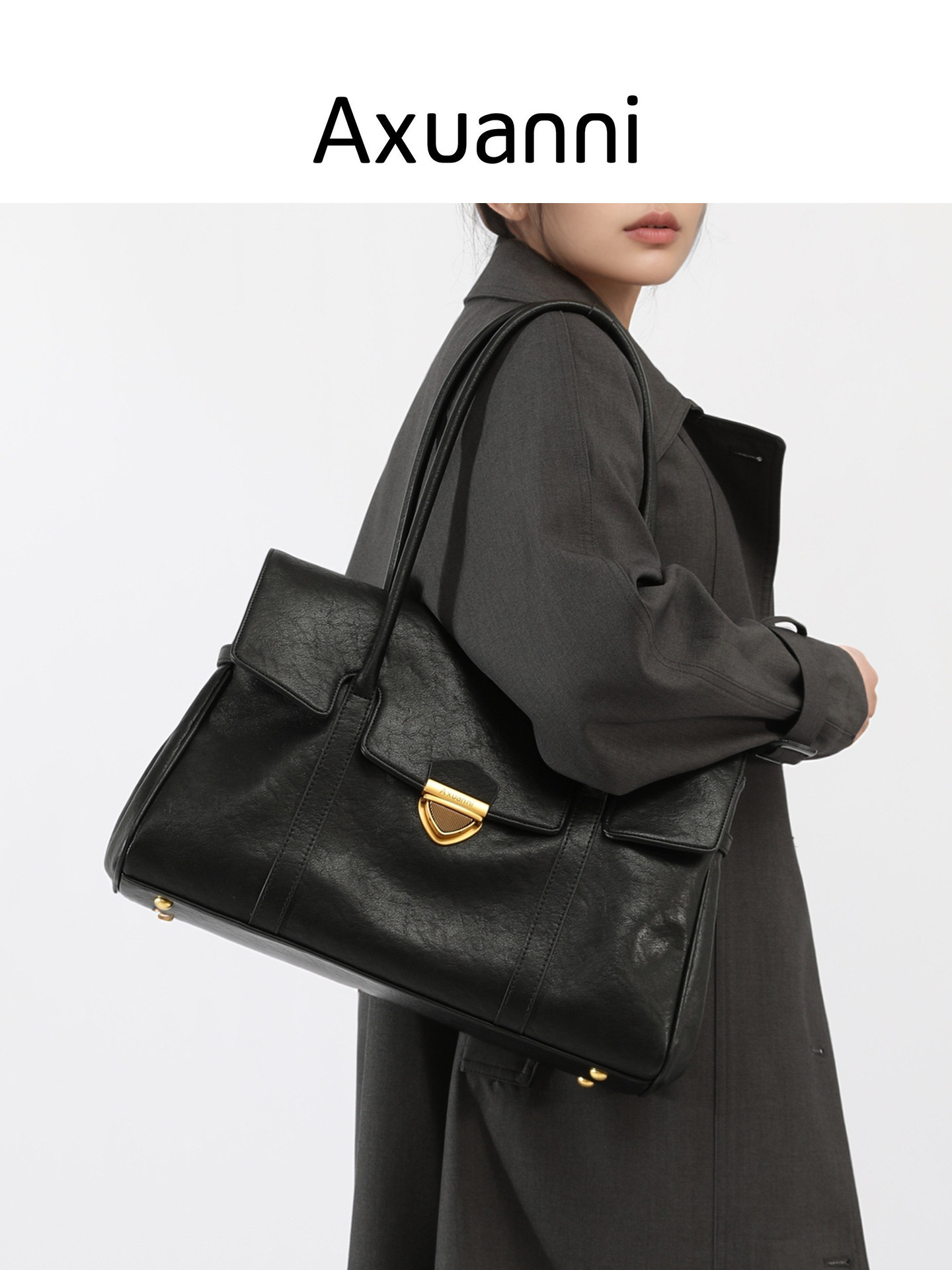Axani Leather Women's Bag 2026 New Handbag High-End Briefcase Large Capacity Commuter Shoulder Tote Bag