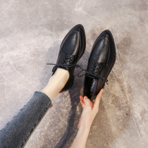 Pointed small leather shoes female Inn Wind 2021 spring autumn new 100 hitch thick heel single shoe genuine leather black to work shoes