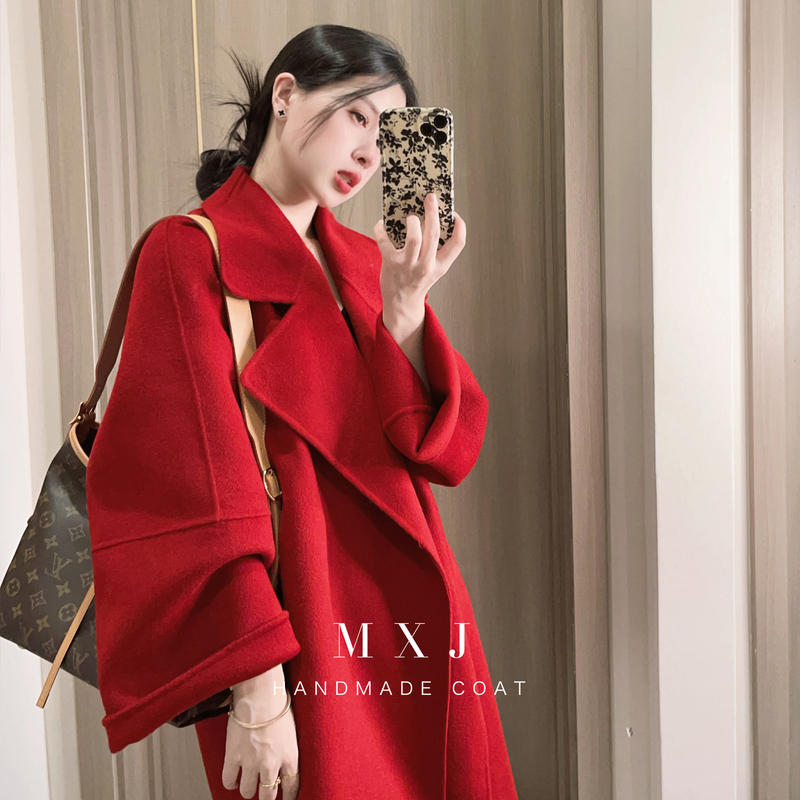 Meixiao Jiao【Jingchu】2026 Autumn Red Coat for Women, Wedding Bride Woolen Coat, Cashmere Mid-Length Style