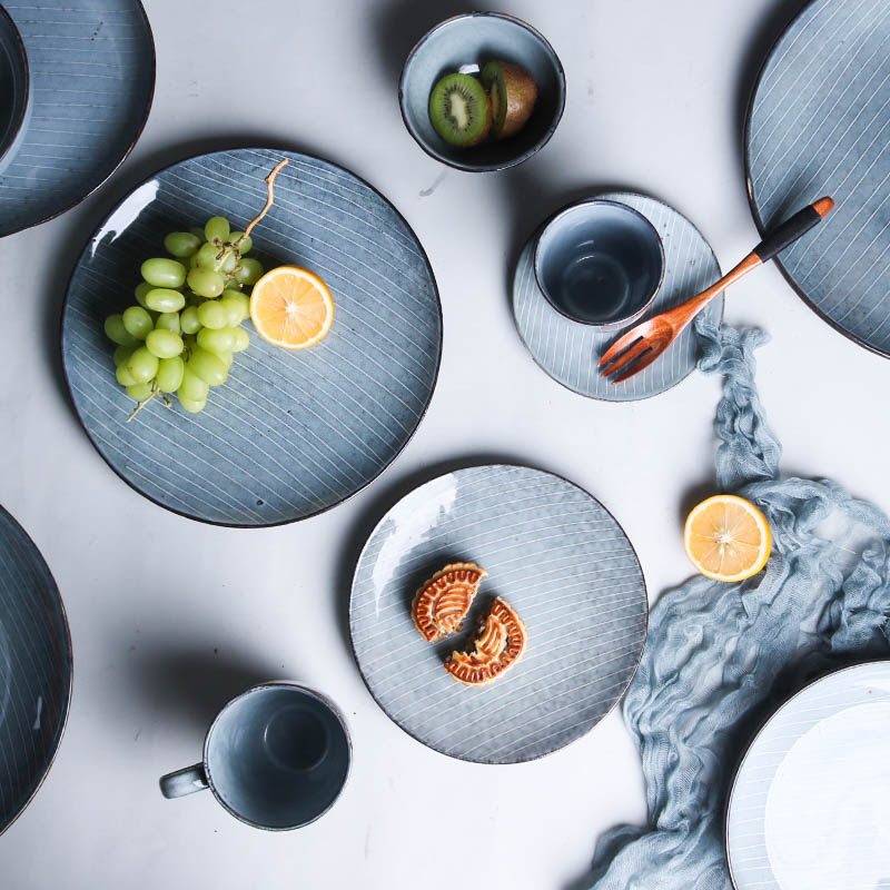 Creative Japanese style 10-inch retro oval striped large plate Household 8-inch breakfast plate Western-style steak plate