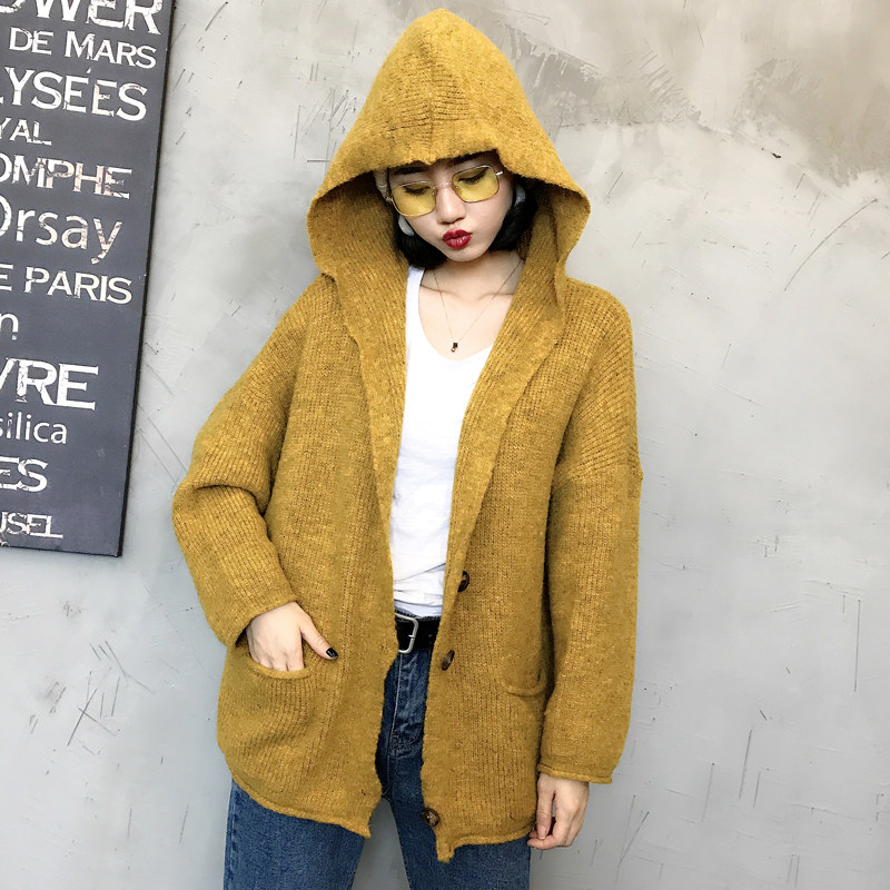 毛衣外套秋装新款女2017纯色V领连帽上衣女韩版宽松长袖针织开衫
