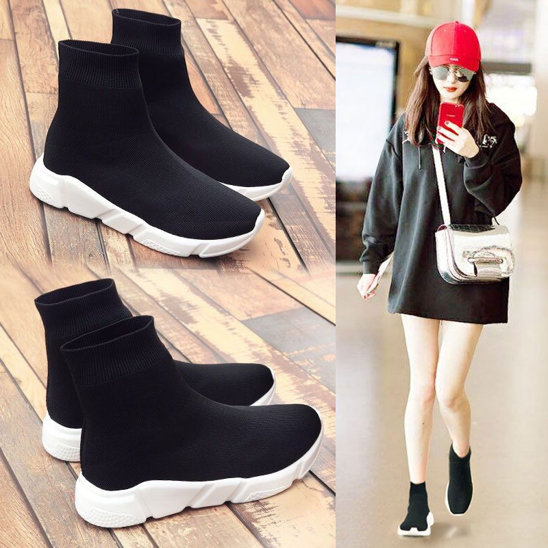 Hong Kong Celebrity Yang Mi's Same Style Elastic Sock Shoes for Women, All-Season Shoes, Versatile Soft-Soled High-Top Thick-Soled Sneakers, Large Size