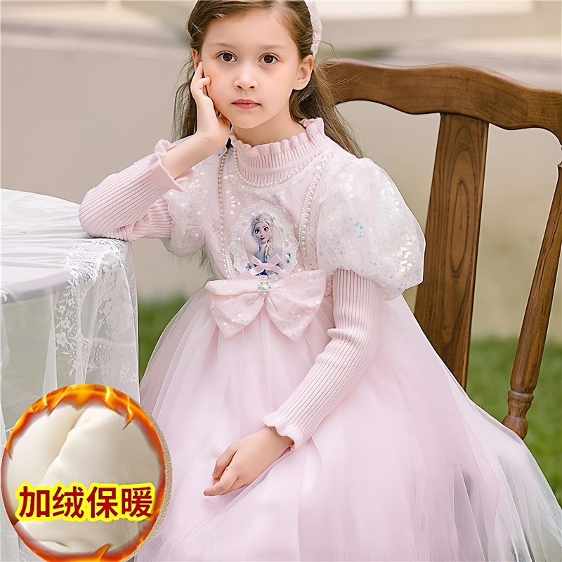 Girls' Dress Autumn and Winter Fleece-Lined Elsa Princess Dress Frozen Long-Sleeved Knitted Tutu Elsa Dress