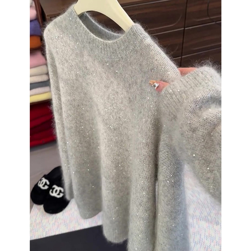 Gray Fine Sequin Mohair Pullover Knitwear for Women, Autumn and Winter European Style, High-End, Lazy and Loose Top Gray Fine Sequin Mohair Pullover Knitwear for Women, Autumn and Winter European Style, High-End, Lazy and Loose Top