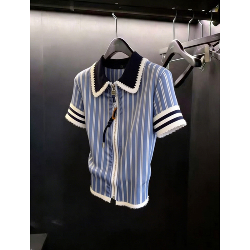 Korean-Style Blue Striped Lapel Short-Sleeve T-Shirt for Women, Unique and Chic Slim-Fit Short Zipper Top for Summer Korean-Style Blue Striped Lapel Short-Sleeve T-Shirt for Women, Unique and Chic Slim-Fit Short Zipper Top for Summer