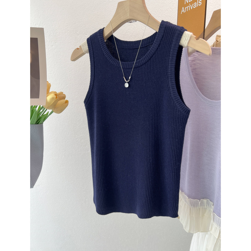 Big Brand Clearance, Clearance Sale, Navy Blue Round Neck Knitted Vest for Women, Summer Outerwear, Elegant Slim-Fit Sleeveless Top