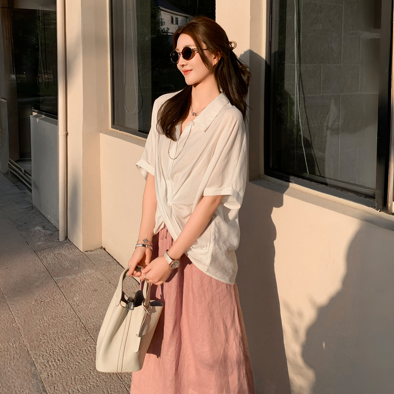 Ning'Er Lynn French-Style White Shirt 2026 Summer New Design Women's Irregular Short-Sleeve Blouse