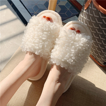 Korean version Winter ins warm home Indoor anti-slip sheep curly wool drag minimalist Original Juku Fashion Lined Cotton Slippers